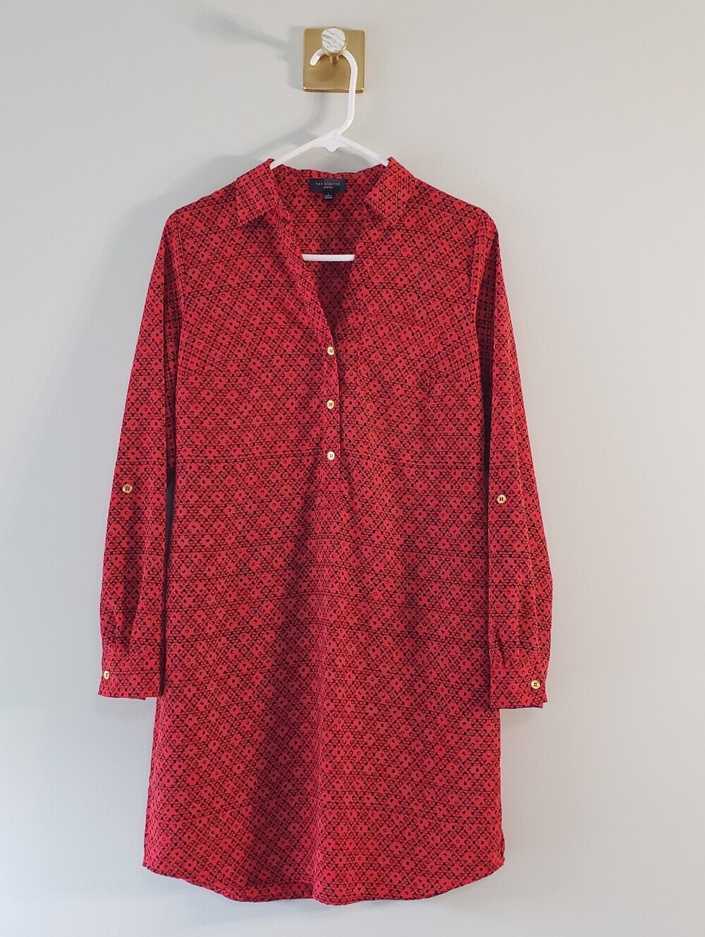 The Limited Ashton Shirtdress Small Red Black Geometric Print Roll Tab Sleeves